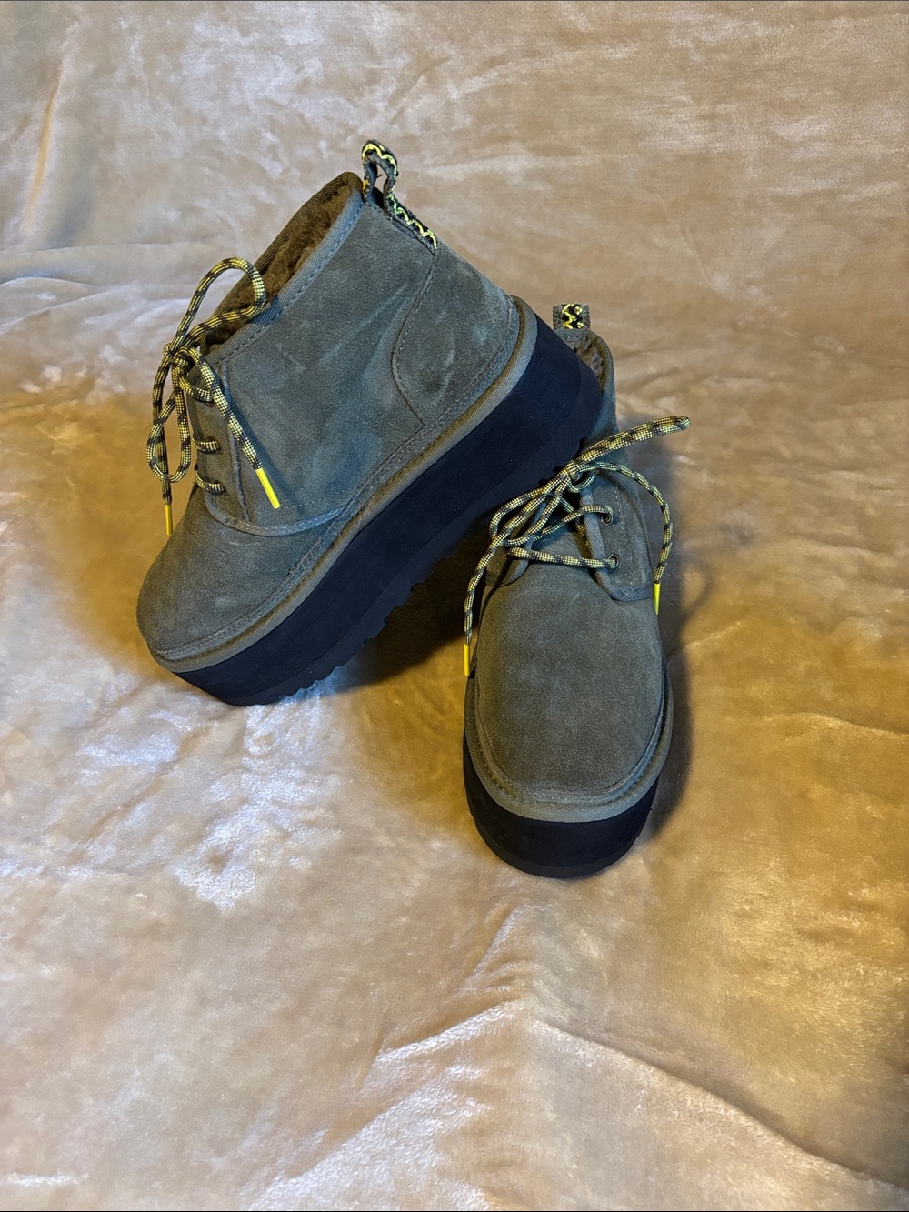 UGG Neumal Olive Green Suede Platform Ankle Boots with Black Soles